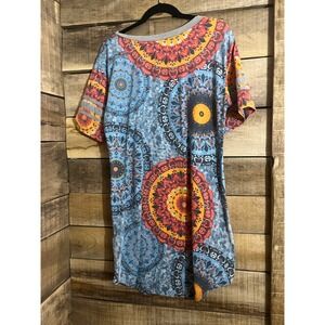 WEACZZY Women Mandala Print V-Neck T-Shirt Dress Short Sleeve Boho Blue Orange S